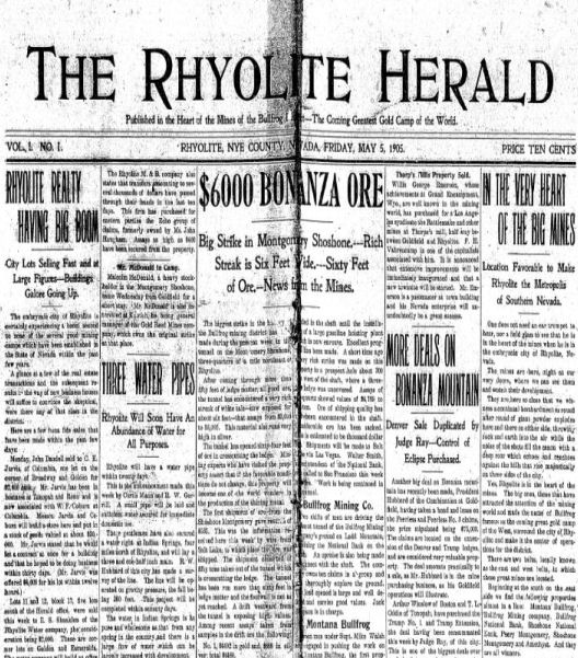 Front page of The Rhyolite Herald newspaper